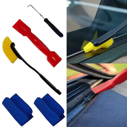 5Pcs Car Weatherstrip Installation & Cleaning Tool Kit – 2 Microfiber Towels, Groove Brush, Dual-Head ABS Shovel & 90° Metal Hook for Trim Groove, Roof Seal & Sunroof Strip