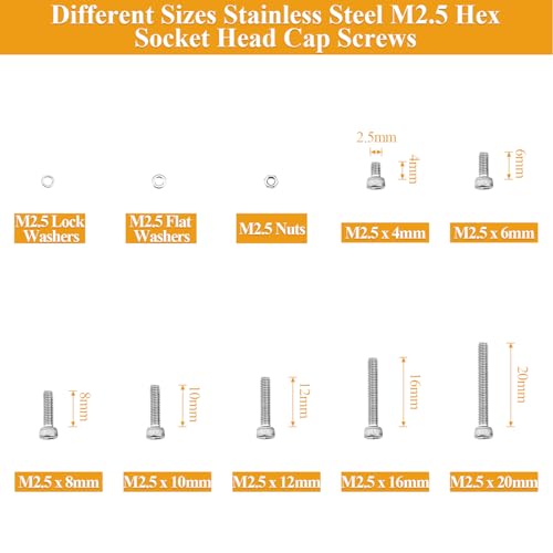 705 Pieces M2.5 Screws Nuts Washers Set, Sutemribor M2.5 x 4/6/8/10/12/16/20mm Hex Socket Head Cap Screws Nuts Washers Assortment Kit, 304 Stainless Steel, Fully Threaded - size: M2.5 Screws Kit, style: Socket Head