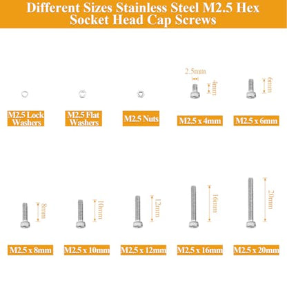 705 Pieces M2.5 Screws Nuts Washers Set, Sutemribor M2.5 x 4/6/8/10/12/16/20mm Hex Socket Head Cap Screws Nuts Washers Assortment Kit, 304 Stainless Steel, Fully Threaded - size: M2.5 Screws Kit, style: Socket Head