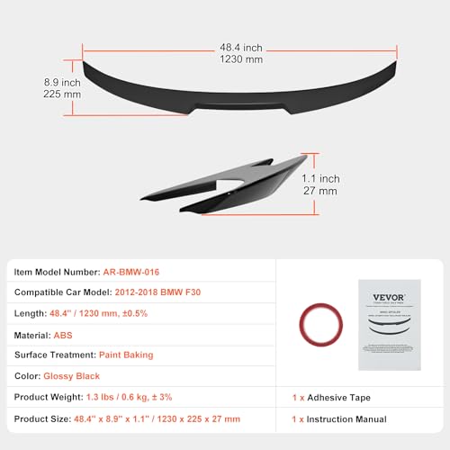 VEVOR GT Wing Car Spoiler, 48.4 inch Spoiler, Compatible with 2012-2018 BMW F30, High Strength ABS Material, Baking Paint, Car Rear Spoiler Wing, Racing Spoilers for Cars, Glossy Black - size: 48.4 Inch, style: ABS