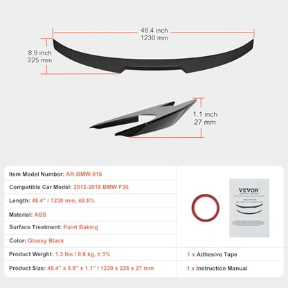 VEVOR GT Wing Car Spoiler, 48.4 inch Spoiler, Compatible with 2012-2018 BMW F30, High Strength ABS Material, Baking Paint, Car Rear Spoiler Wing, Racing Spoilers for Cars, Glossy Black - size: 48.4 Inch, style: ABS
