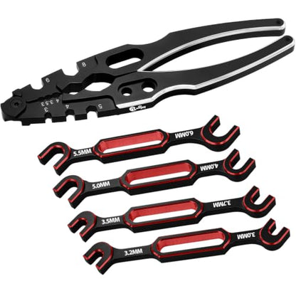 Multifunction RC Shock Absorber Plier with 4PCS Wrench 3.0/3.2/3.5/3.7/4.0/5.0/5.5/6.0mm Turnbuckle Nut Ball Joint Remover for RC Car Boat Model Repair Tool Kit - color: Black & Red