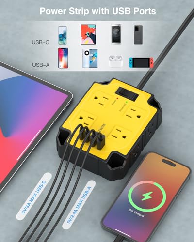 8-Outlets Magnetic Heavy Duty Power Strip, 6.5 Ft Extension Cord | 15 Amps/1200 Joules, Multi-Plug with 4 USB Ports (2 USB-C) for Workshop Garage Industrial, Yellow