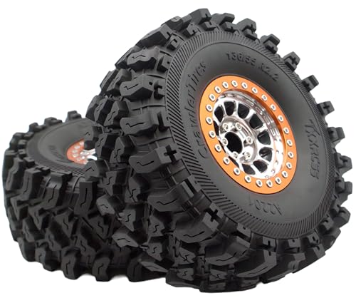 136mm 2.2 Aluminium Beadlock Wheels and Tires Set (4-Piece) for 1/10 RC Crawler (Silver Orange) - color: Silver Orange