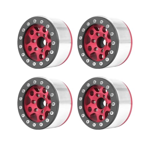 4PCS 1.55 Inch Aluminum Alloy Metal 5Spoke Beadlock Wheel Rim Hubs Replacement Accessory for AX90069 D90 TF2 CC01 Tamiya 1/10 RC Crawler Car Upgrade Parts (Black Red) - color: Black Red