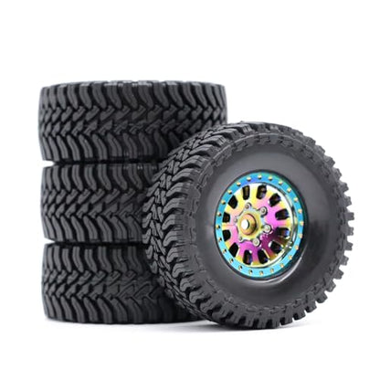 1.3” Brass Beadlock Wheels & All-Terrain Tires Set for 1/18 1/24 RC Crawler TRX4M, Axial SCX24 / AX24, Redcat Ascent-18, FMS FCX24, -5.40mm Offset, 7mm Hex, 4 pcs, Iridescent Green - color: Iridescent-green