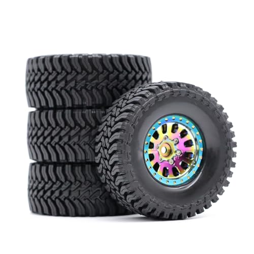 1.3” Brass Beadlock Wheels & All-Terrain Tires Set for 1/18 1/24 RC Crawler TRX4M, Axial SCX24 / AX24, Redcat Ascent-18, FMS FCX24, -5.40mm Offset, 7mm Hex, 4 pcs, Iridescent Green - color: Iridescent-green