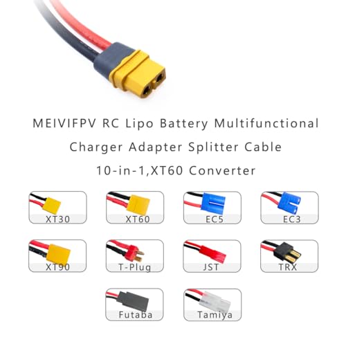 RC Lipo Battery Charger Adapter Connector 10 in 1 Splitter Wire Cable XT60H | RC Charger Adapter XT60H Plug Lead Convert Cable for TRX, T-Plug, Tamiya,Futaba, JST, XT90,XT60,XT30,EC3,EC5