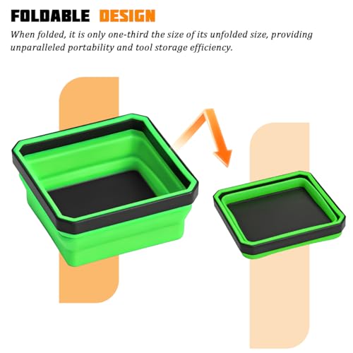 Car Collapsible Magnetic Parts Tray, Foldable Silicone Magnetic Vehicle Tool Tray Organizer for Bolts Screws Nuts, Square Automotive Washers Pins Magnet Bowl, Universal Fit (Green) - color: Green