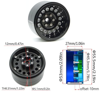 RC 1.9 Inch Beadlock Wheels Negative Offsets 10mm Rims Hex 12mm Aluminum Wheel for TRX4 TRX6 SCX10 Gen8 1/10 RC Crawler Remote Control Car Upgrades Accessories 4pcs (Black) YK1906 - color: Black