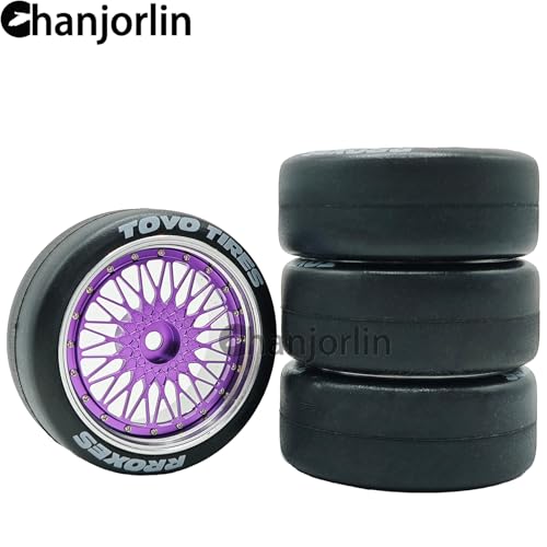 1/10 RC Drift Smooth Tires OD 2.56" & Aluminum Wheels 12mm Hex Hard Drift Racing Tyres for 1:10 1/12 Rally Street On Road Touring Car TT01 TT02 XV02 XV01 TA06 KYOSHO PTG2 4PCS (Purple) - color: Purple