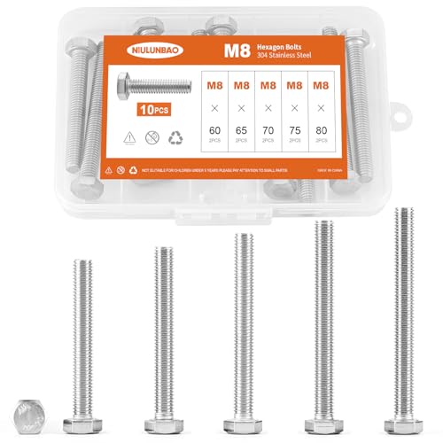 M8 x 60mm 65mm 70mm 75mm 80mm Heavy Duty Hexagon Bolts Hex Head Screws, 304 Stainless Steel, Machine Fully Thread, Metric, Bright Finish, Assortment Kit 10PCS - size: M8 x 60/65/70/75/80mm (10PCS)