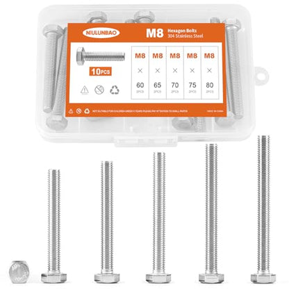 M8 x 60mm 65mm 70mm 75mm 80mm Heavy Duty Hexagon Bolts Hex Head Screws, 304 Stainless Steel, Machine Fully Thread, Metric, Bright Finish, Assortment Kit 10PCS - size: M8 x 60/65/70/75/80mm (10PCS)