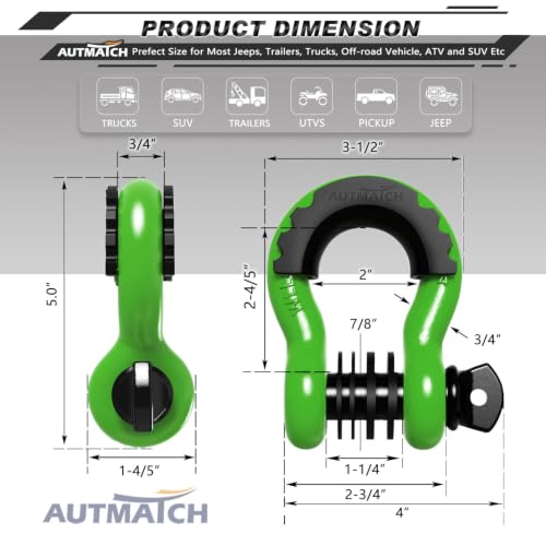 AUTMATCH 3/4" D Ring Shackles (2-Pack) - 41,887 lbs Break Strength | Heavy Duty Clevis Shackle with 7/8" Pin & Isolator Washer Kit for Tow Strap, Winch, Towing & Off-Road Vehicle Recovery, Green - color: Green & Black