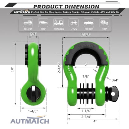 AUTMATCH 3/4" D Ring Shackles (2-Pack) - 41,887 lbs Break Strength | Heavy Duty Clevis Shackle with 7/8" Pin & Isolator Washer Kit for Tow Strap, Winch, Towing & Off-Road Vehicle Recovery, Green - color: Green & Black