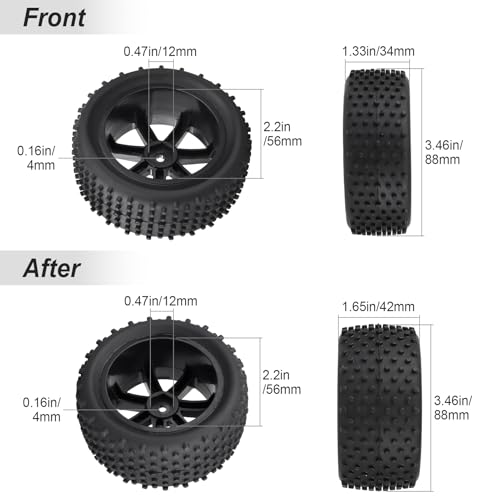 HobbyPark 12mm Hex PreGlued 1/10 RC Buggy Tires and Wheels Set Mounted for Traxxas Bandit VXL Losi Redcat Wltoys 144001 2S 3S Lipo Brushless Motor (Style A)
