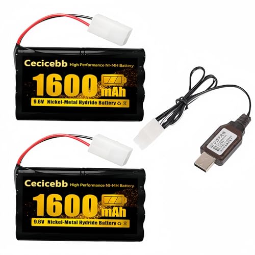 9.6V 1600mAh NI-MH Rechargeable Battery Pack with Standard Tamiya for RC Car Boats Robots Vehicles Trucks 2 Pack with 9.6V Battery Charger Cable