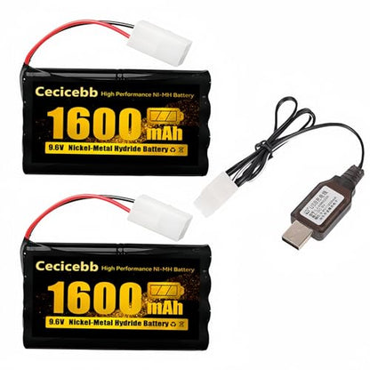9.6V 1600mAh NI-MH Rechargeable Battery Pack with Standard Tamiya for RC Car Boats Robots Vehicles Trucks 2 Pack with 9.6V Battery Charger Cable