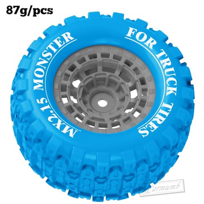 100 * 52MM 1/16 RC Monster Truck Tires 12mm Hex Adapters All-Terrain Traction Tires fit for Mini Maxx/Mini XRT, MJX 16207/16208/16209/16210,HSP 94186,E-Revo,L0S1,1/18 Mini LMT,Blue&Grey - color: Blue&grey(4pcs)