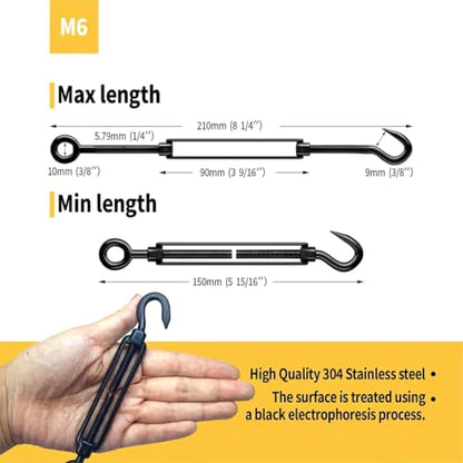 5 Pack Black Stainless Steel M6 Hook and Eye Turnbuckle, Heavy Duty Wire Rope Tensioner, Adjustable Hardware Kit for DIY String Light and Picture Hanging, Shade Sail, Cable Tightening - color: Hook and Eye, size: M6-5 Pcs