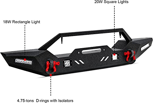 Front Bumper for 2007-2023 Wrangler JK, AAIWA Offroad Steel Bumper Full Width with 2" Hitch Receiver, LED Light Bars, and D-rings - size: 2007-2023 JK Front Bumper with LED Lights