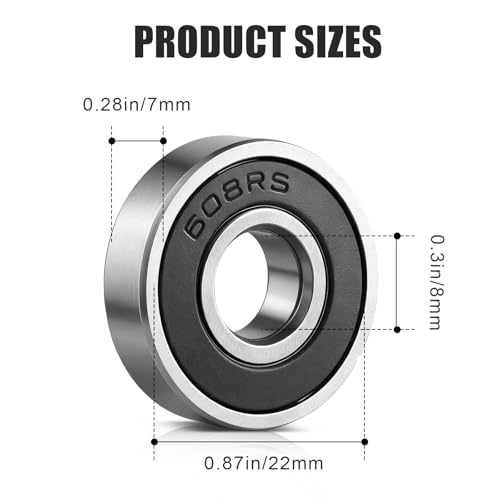50 Pcs 608 2RS Ball Bearings,Bearing Steel and Double Rubber Sealed Miniature Deep Groove Ball Bearings (8mm x 22mm x 7mm) for 3D Printer, Skateboards, Electric Motor, Scooters