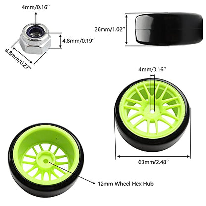 4PCS 12mm Hub Wheels,1:10 63mm Hard Plastic RC Drift Cars On Road Touring Racing Bald Tires for Traxxas HSP Tamiya HPI Kyosho On-Road Drifting Car Trucks(Green) - color: Green