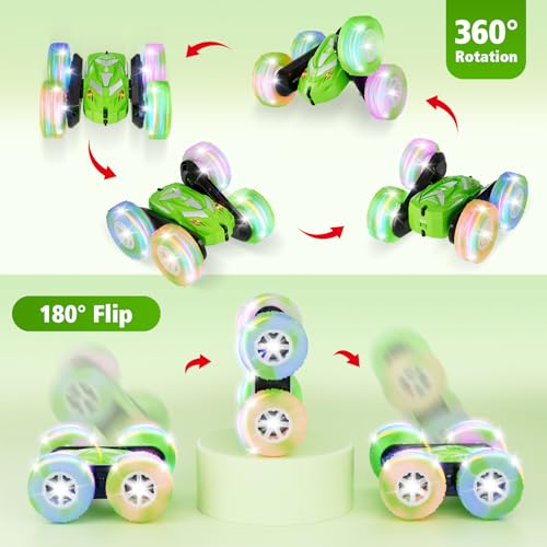 Amicool Remote Control Car for Boy 6-12 with Flashing Light, 6 7 8 9 Years Old Boy Toys, Race RC Cars Stunt Drift 4WD 2.4Ghz Double Sided 360° Flip, Boys Gift Idea for Kids Birthday Christmas, Green - color: Green