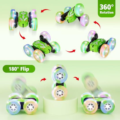 Amicool Remote Control Car for Boy 6-12 with Flashing Light, 6 7 8 9 Years Old Boy Toys, Race RC Cars Stunt Drift 4WD 2.4Ghz Double Sided 360° Flip, Boys Gift Idea for Kids Birthday Christmas, Green - color: Green