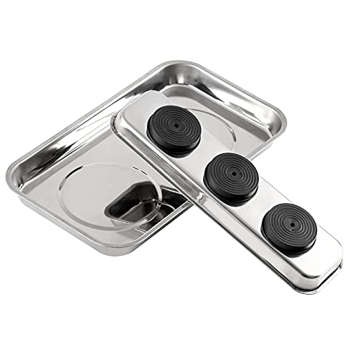 3 Pieces Magnetic Trays Set Stainless Steel Magnet Tool Tray Parts Holder for Screws, Sockets, Bolts, Pins, Mechanic's and Automotive - size: 3 Pieces Set (8.9" x 2.5" + 9.5" x 5.5")