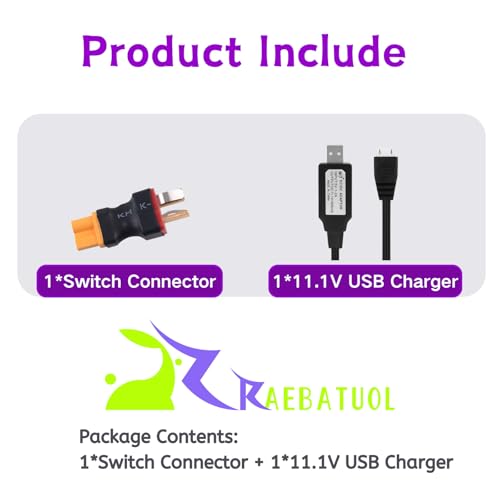 RC Battery Accessory Kit,No Wires Deans T Male (red) Connector Switch to XT30 Female (Yellow) Adapter, for Remote Control Toy Boat FPV Drone Car etc - 1 Pcs with 11.1V USB Charger Cable
