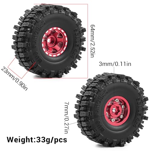1.0" Beadlock Aluminum Wheels and 64mm Soft Rubber Tires | for SCX24, TRX4M, Ascent 18, FCX24, 1/18 1/24 RC Crawler, 7mm Hex, 0mm Offset, with Foam Inserts, (Red) - color: Red