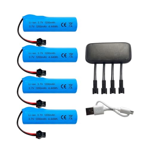 3.7V 1200mAh Li-ion Battery SM-2P Plug and 4-in-1 USB Charger for RC Cars RC Trucks Toy Robots Stunt Cars Bazooka Rocket Bubble Gun Replacement Battery