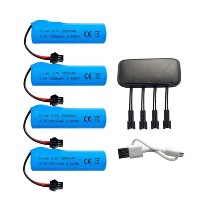 3.7V 1200mAh Li-ion Battery SM-2P Plug and 4-in-1 USB Charger for RC Cars RC Trucks Toy Robots Stunt Cars Bazooka Rocket Bubble Gun Replacement Battery
