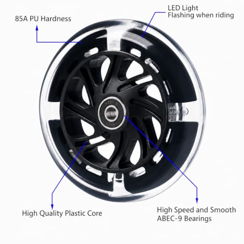 120mm Light Up Scooter Wheels, 2-Pack LED Flashing Replacement Wheels, 85A PU with 608RS Bearings & Spacers for Kids 3-Wheel Kick Scooters (Black) - color: Black