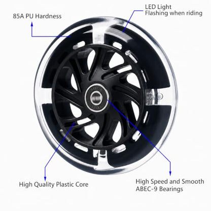 120mm Light Up Scooter Wheels, 2-Pack LED Flashing Replacement Wheels, 85A PU with 608RS Bearings & Spacers for Kids 3-Wheel Kick Scooters (Black) - color: Black