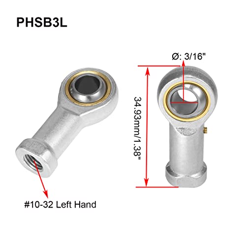 PHSB3L Rod End Bearing 3/16 Inch Bore and #10-32 Left Hand Thread, Self-Lubricating Female Heim Joint Rod Ends 2pcs - size: 3/16, style: Left Hand