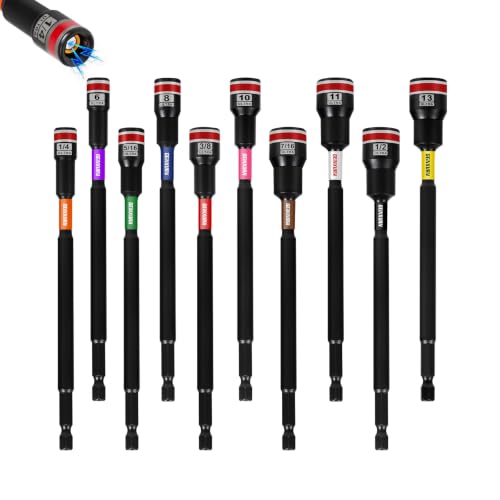 Impact Nut Driver Set, 10 Pieces 6”Long 6mm,8mm,10mm,11mm,13mm 1/4”5/16”3/8”7/16”1/2”6 Point Alloy Steel Magnetic Metric/SAE Nut Setter Set 1/4 Hex Shank Impact Driver with Case Box - size: 6", style: MIXSM-10pcs