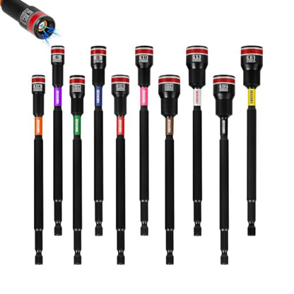 Geinxurn Impact Nut Driver Set, 10 Pieces 6”Long 6mm,8mm,10mm,11mm,13mm 1/4”5/16”3/8”7/16”1/2”6 Point Alloy Steel Magnetic Metric/SAE Nut Setter Set 1/4 Hex Shank Impact Driver with Case Box - size: 6", style: MIXSM-10pcs