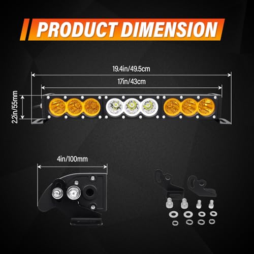 AUXTINGS 17 inch Single Row Dual Color LED Light Bar 90W Off Road Light Bar White Amber Combo LED Work Light Truck UTV 4x4 Cars SUVs ATVs Boats Fog Driving Light with Wiring Harness kit - size: 17 inch white amber