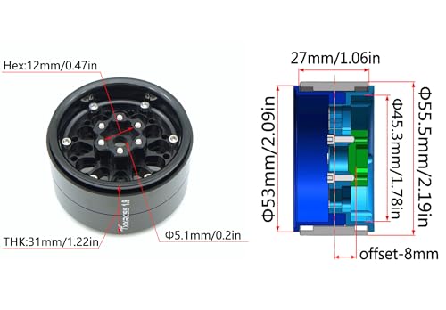 RC 1.9 Inch Beadlock Wheels Negative Offsets 8mm Rims Hex 12mm Aluminum Wheel for TRX4 TRX6 SCX10 Gen8 1/10 RC Crawler Remote Control Car Upgrades Accessories 4PCS (Black Silver) - color: Black Silver
