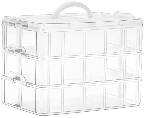 Sooyee 3-Tier Stackable Craft Organizers and Storage Box, Clear | 30 Compartments, Bead Organizer, Plastic Storage Box for Toys, Dolls, Arts and Craft, Washi Tape, Rock Collection, Ribbons - size: 3-Tier