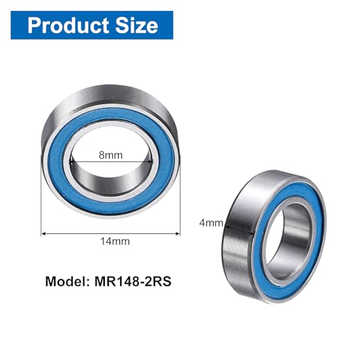 uxcell 4 Pcs MR148-2RS Deep Groove Micro Bearing, 8x14x4mm Double Rubber Sealed Chrome Steel Small Bearings (ABEC5, Z4 Low Noise) - size: MR148-2RS