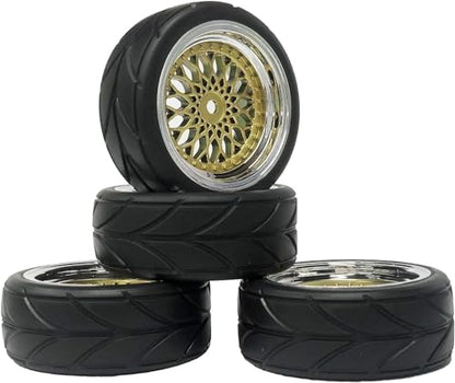 4PCS 64mm Rubber Tires and Plastic Wheel Rims Set 12mm Hex Replacement Part for Sakura Tamiya TT02 HPI HSP Kyosho 1/10 RC On Road Run-flating Touring Racing Car Tyre(Gold Silver,Offset:6MM) - color: Gold Silver, size: Offset:6mm