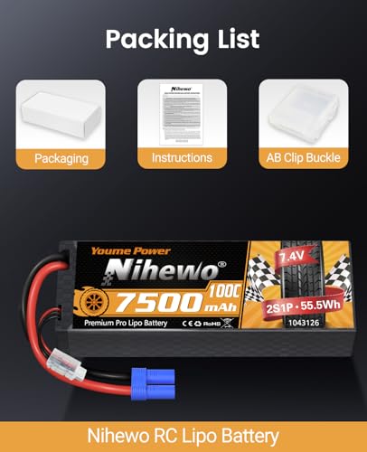 2S RC Car Battery 7.4V 7500mAh 100C Hardcase EC5 for RC Boat 2Packs | 2Packs 7.4V Lipo Battery Hard Case Protects from Impact, EC5 Plug for High-current, for 1/8 1/10 RC Car Truck Boat Tank Drone