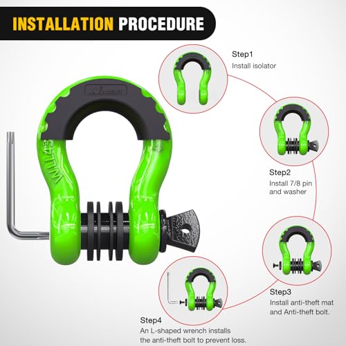 Nilight 3/4" D Ring Anti-Theft Shackle Tow Hook Jeep Truck SUV ATV UTV | Off Road Recovery Gear 19T 41,887 lbs Break Strength 4.75T WLL Rust-Resistant Anti-Rattle Isolators Heavy Duty Green 2pack - color: Green 3/4" w/Anti-Theft Shackle, size: Shackle