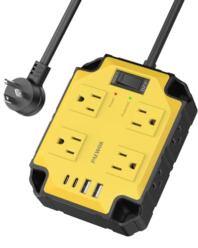 8-Outlets Magnetic Heavy Duty Power Strip, 6.5 Ft Extension Cord | 15 Amps/1200 Joules, Multi-Plug with 4 USB Ports (2 USB-C) for Workshop Garage Industrial, Yellow