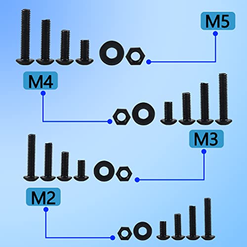 newlng M2 M3 M4 M5 Screws Assortment Kit 1180pcs Metric Black Nuts and Bolts Flat Washers Set 10.9 Grade Alloy Steel Machine Screws and Nuts Hex Socket Button Head Screw with Four Hex Wrenches - size: One Size