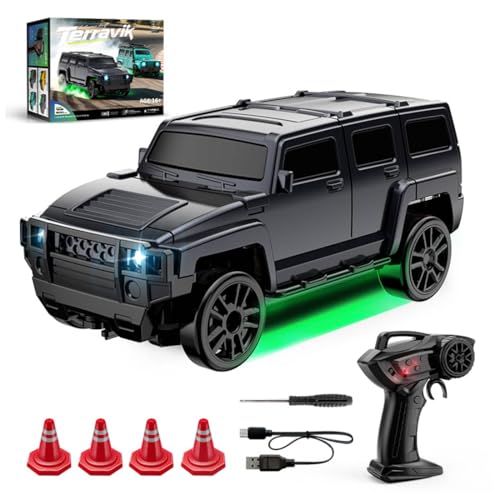 1/64 4WD Mini RC Off-Road Drift Car, 2.4G crawler vehicle with LED (Black) | High Speed Brushless Motor, Dual-Speed Mode, 30m Control Distance, Gift for RC Enthusiasts - color: Black