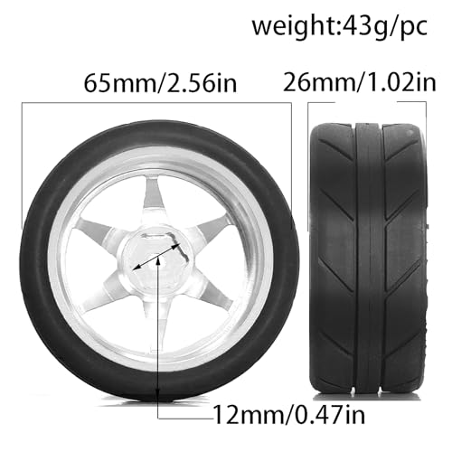 1/10 RC On Road Tires OD 65mm and Aluminum Street Wheels 12mm Hex Touring Tyres for 1:10 Rally Racing Drift Car Tamiya TT01 TT02 XV01 HPI KYOSHO HSP PTG2 Traxxas TA06 A959 PTG2 (Silver) - color: Silver